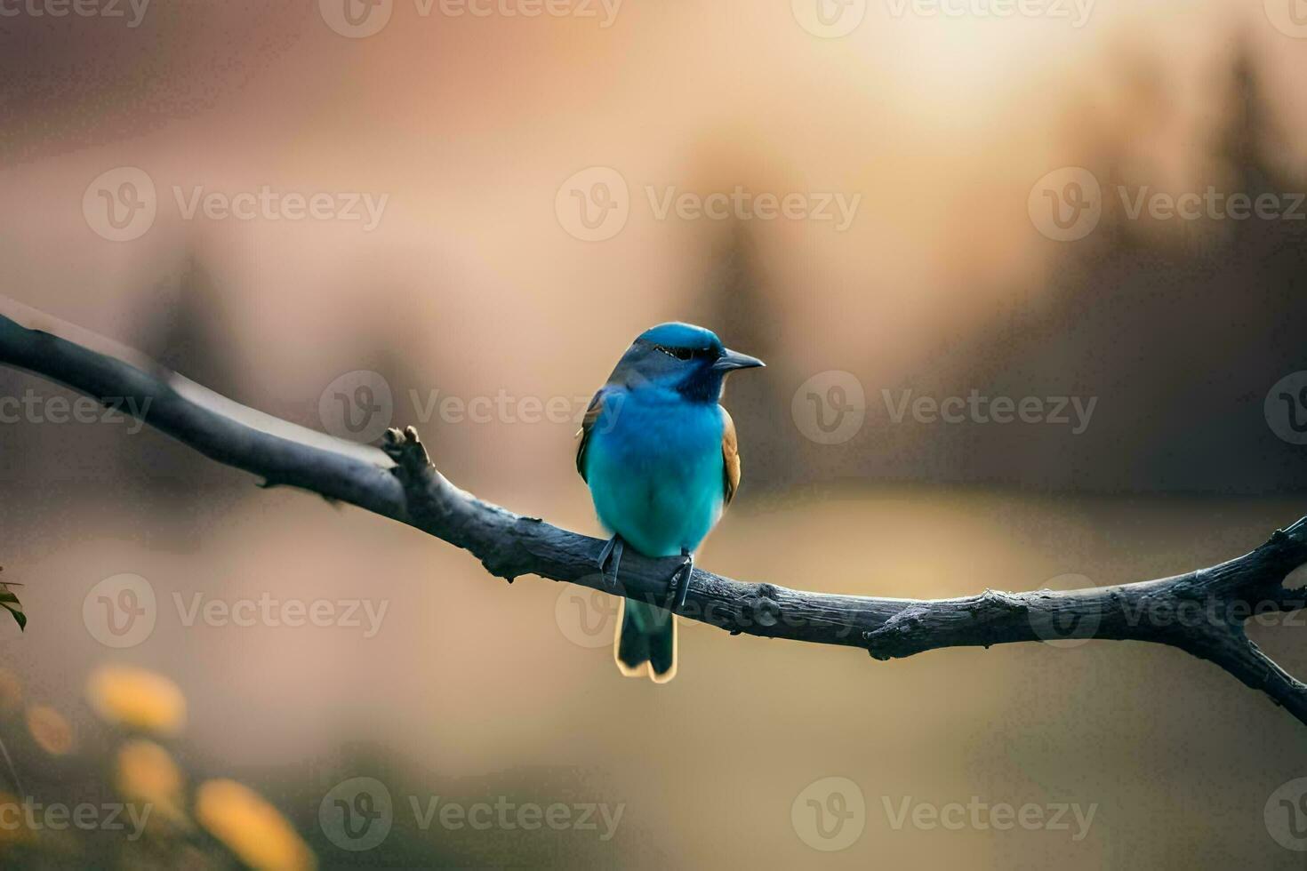 a blue bird sits on a branch in front of a lake. AI-Generated photo