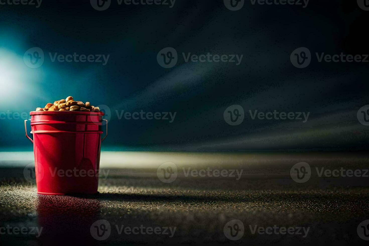 a red bucket filled with peanuts on a dark floor. AI-Generated photo
