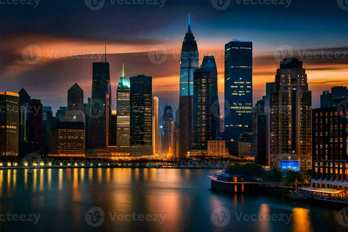 the manhattan skyline at night. AI-Generated photo