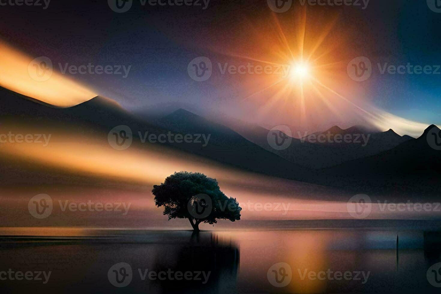 a lone tree in the middle of a lake at sunset. AI-Generated photo