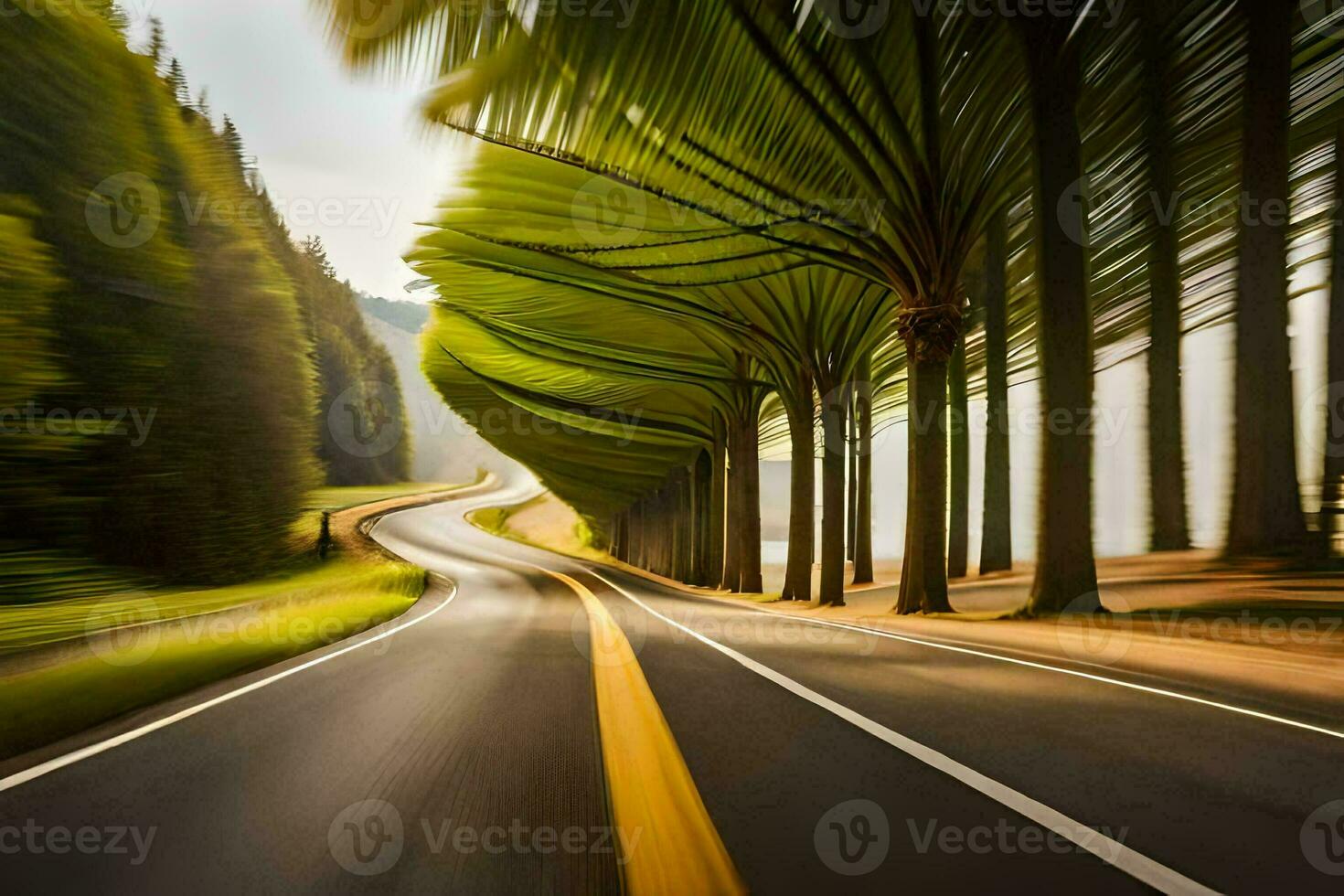 a long exposure photograph of a road with palm trees. AI-Generated photo