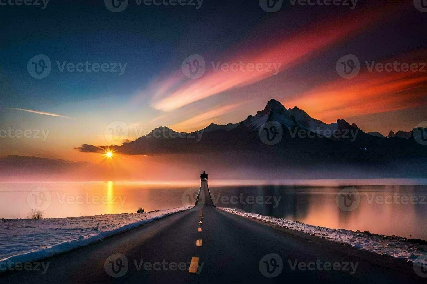 photo wallpaper the sky, road, mountains, lake, sunset, the road, the road,. AI-Generated