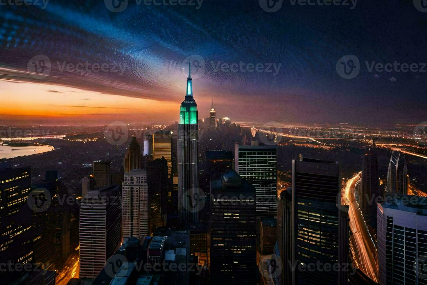 the empire state building is lit up at sunset. AI-Generated photo