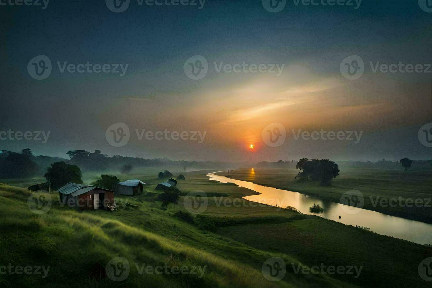 the sun rises over a river and some small houses. AI-Generated photo
