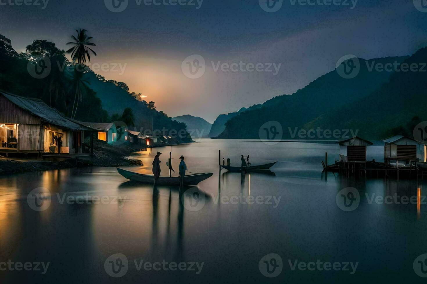photo wallpaper the sky, water, mountains, boats, houses, sunset, the moon, the. AI-Generated