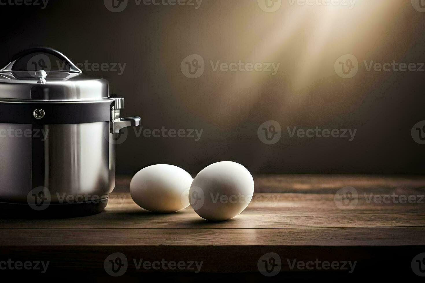 two eggs sit next to a pot on a table. AI-Generated photo