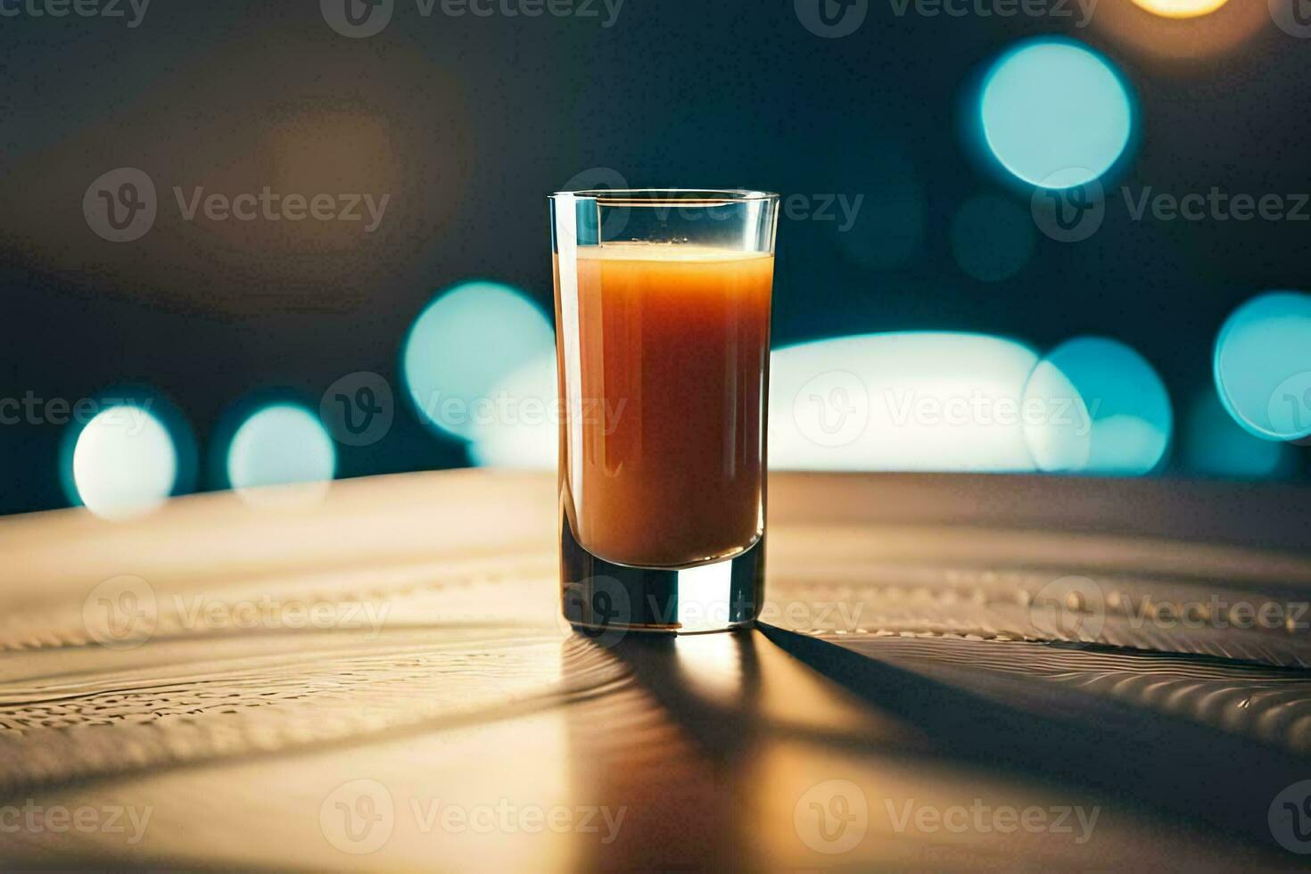 a glass of orange juice sitting on a table. AI-Generated photo