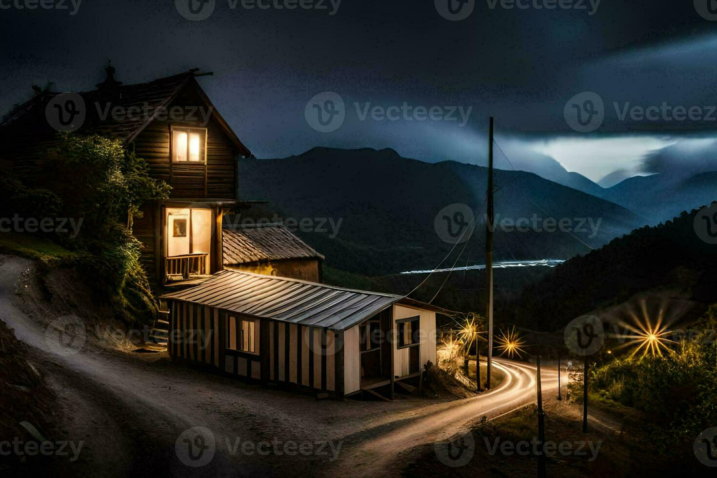 a house sits on a hillside at night with a dark sky. AI-Generated photo