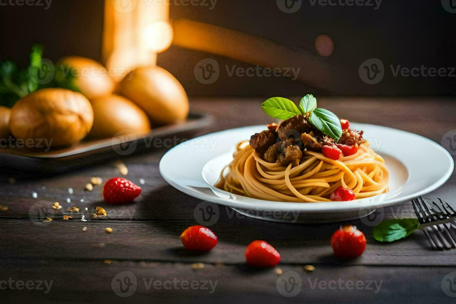 spaghetti with meat and tomatoes on a plate. AI-Generated photo