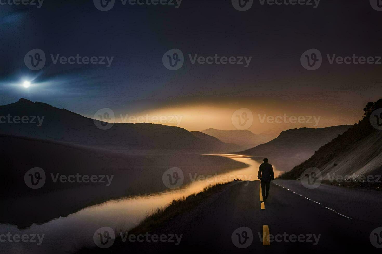 a man walks down a road in the dark with a lake in the background. AI-Generated photo