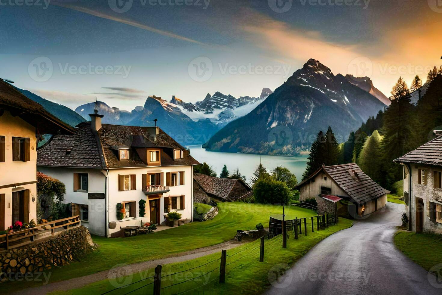 photo wallpaper the sky, mountains, road, house, road, the countryside, switzerland,. AI-Generated