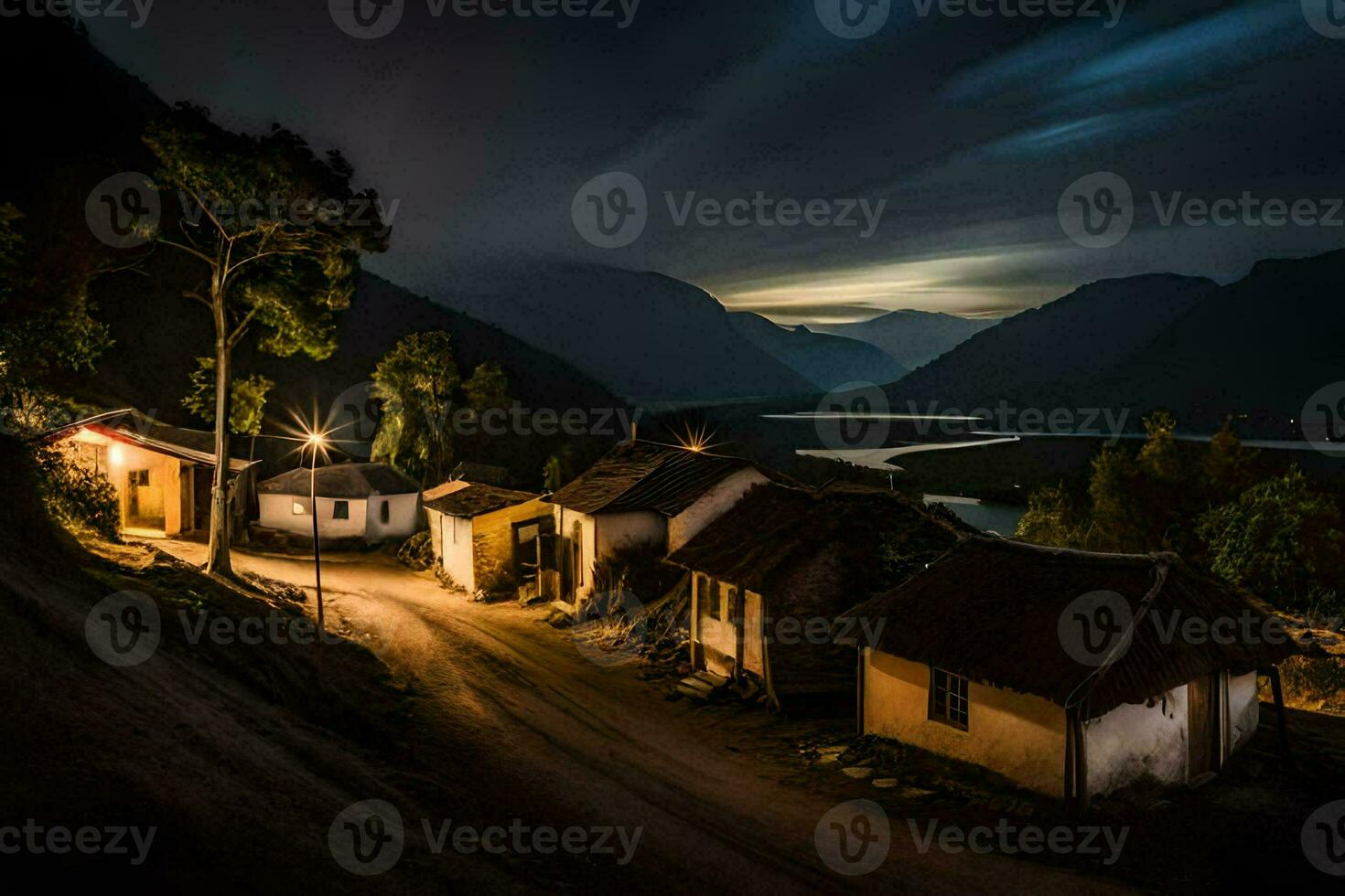 a village at night with a mountain in the background. AI-Generated photo