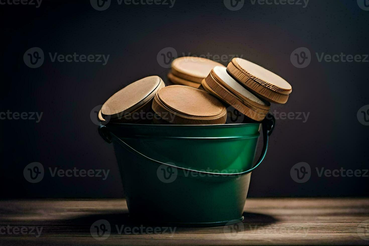 un verde Cubeta con varios de madera tapas generado por ai foto