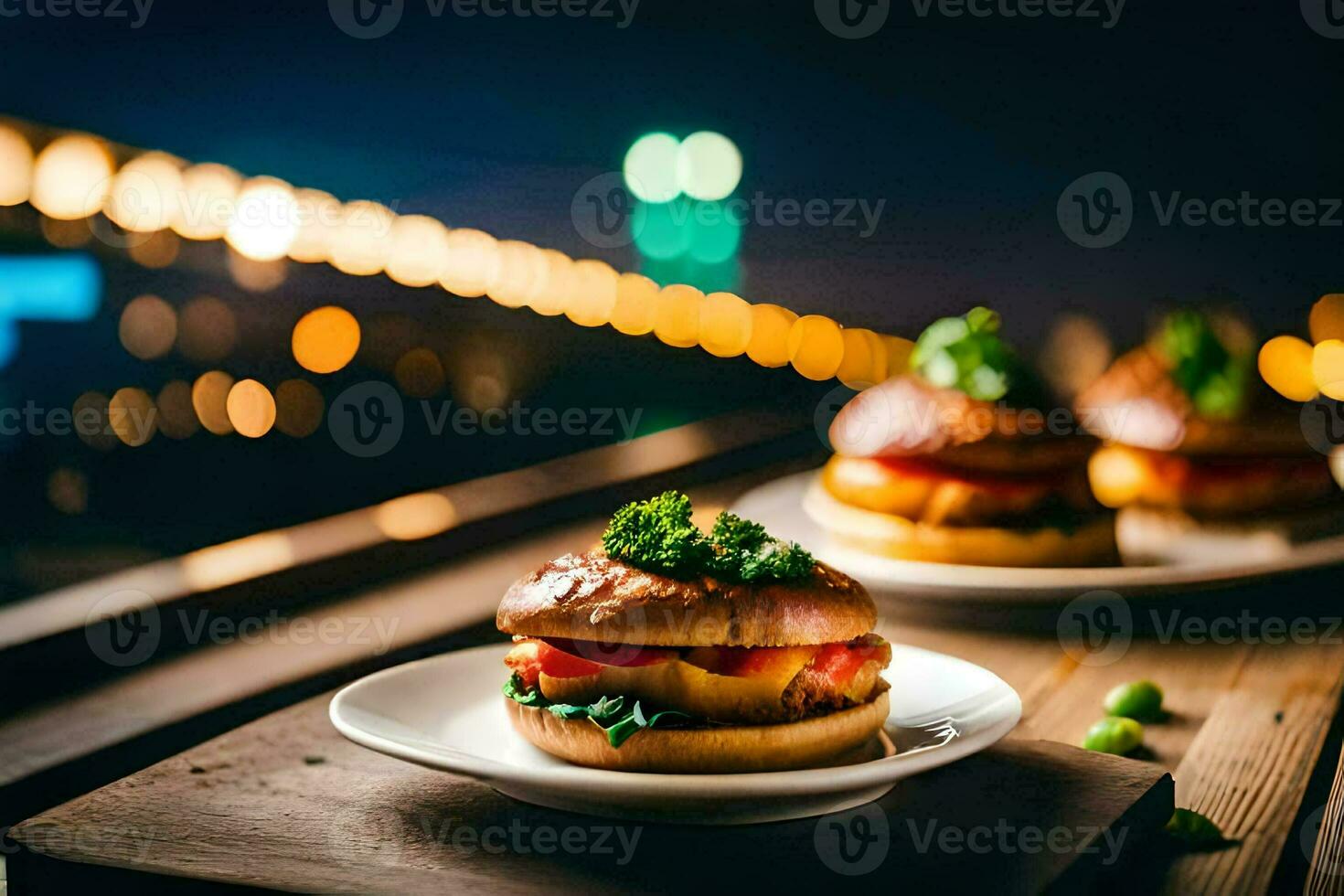 two hamburgers on a wooden table with lights in the background. AI-Generated photo