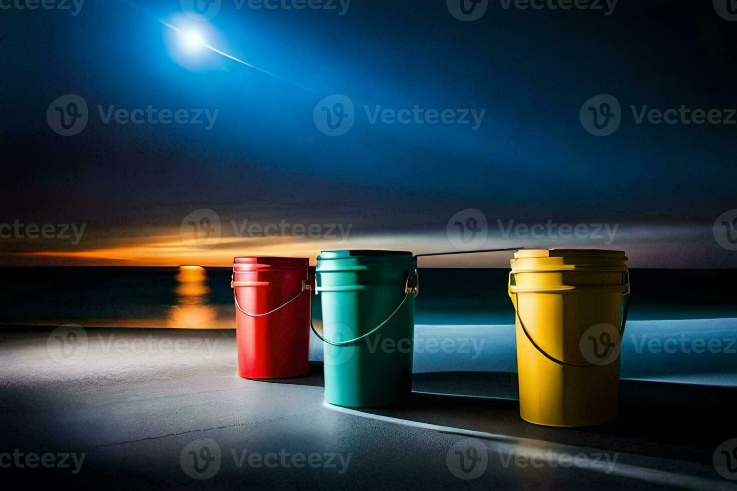 three colorful buckets sit on the beach at night. AI-Generated photo