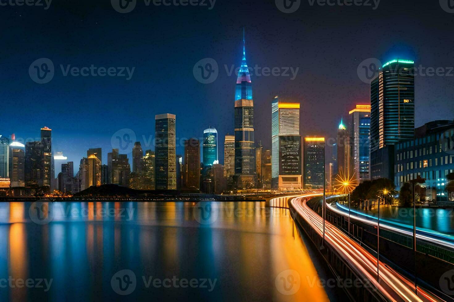 the city skyline at night with lights on the buildings. AI-Generated photo