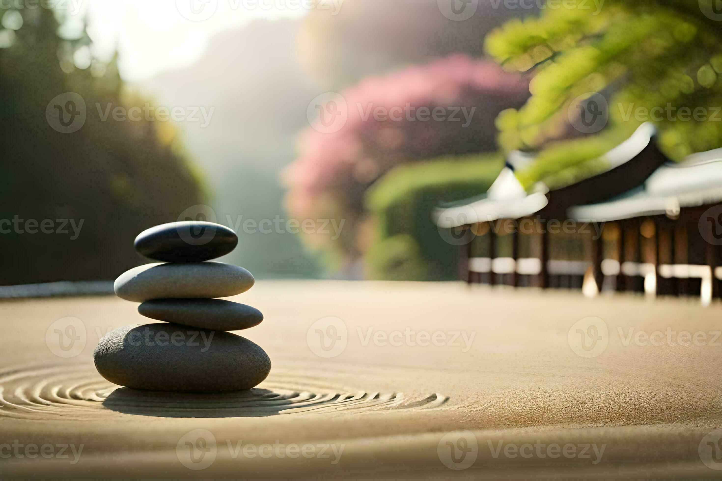 Jardín Zen En El Desierto Con Una Choza Y Un Árbol En El Medio Imagen y  Fotografía Gratis 200023496.