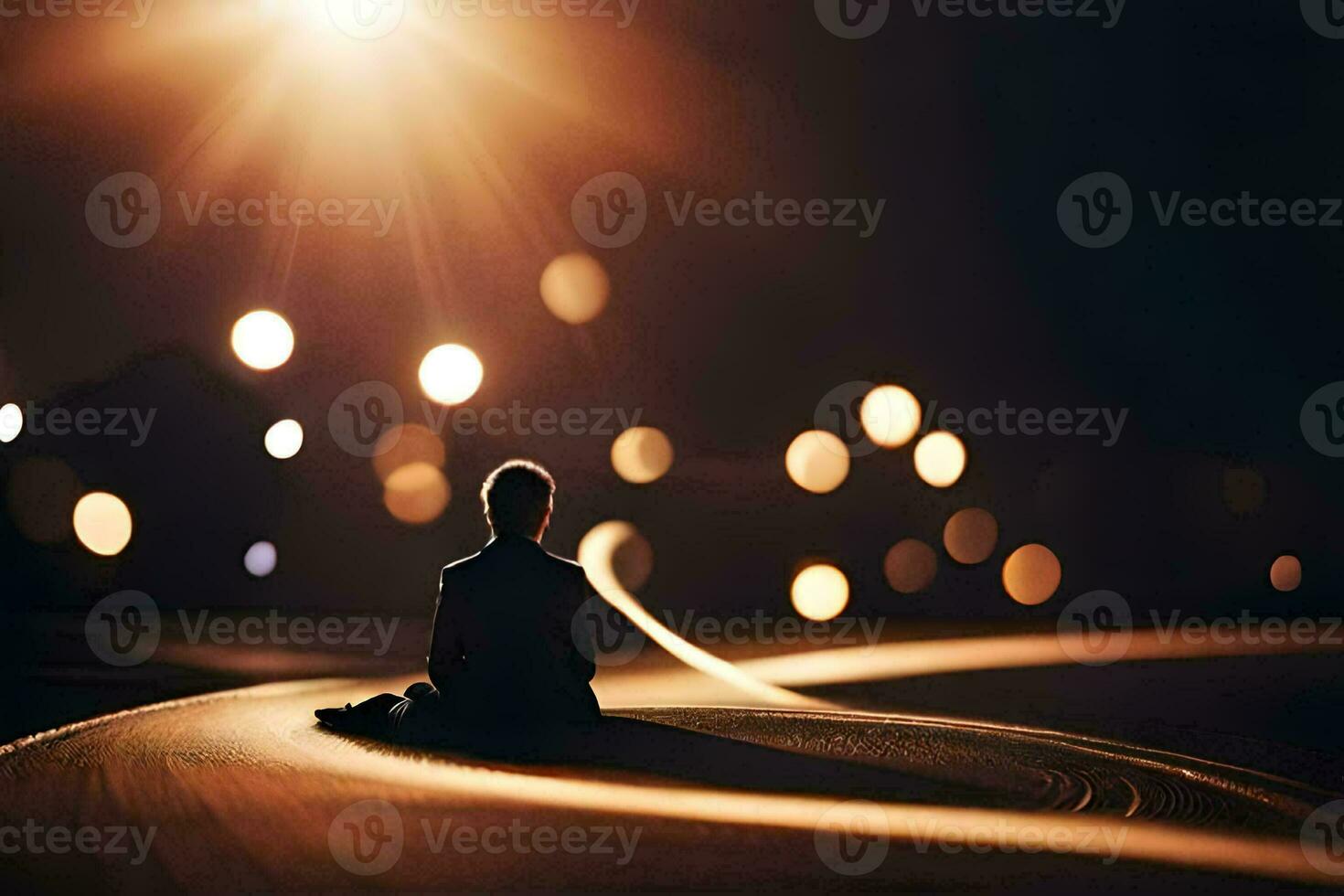 a person sitting on the road at night with lights shining. AI-Generated photo