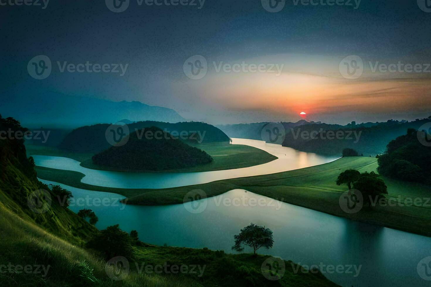 the sun sets over a river in a valley. AI-Generated photo