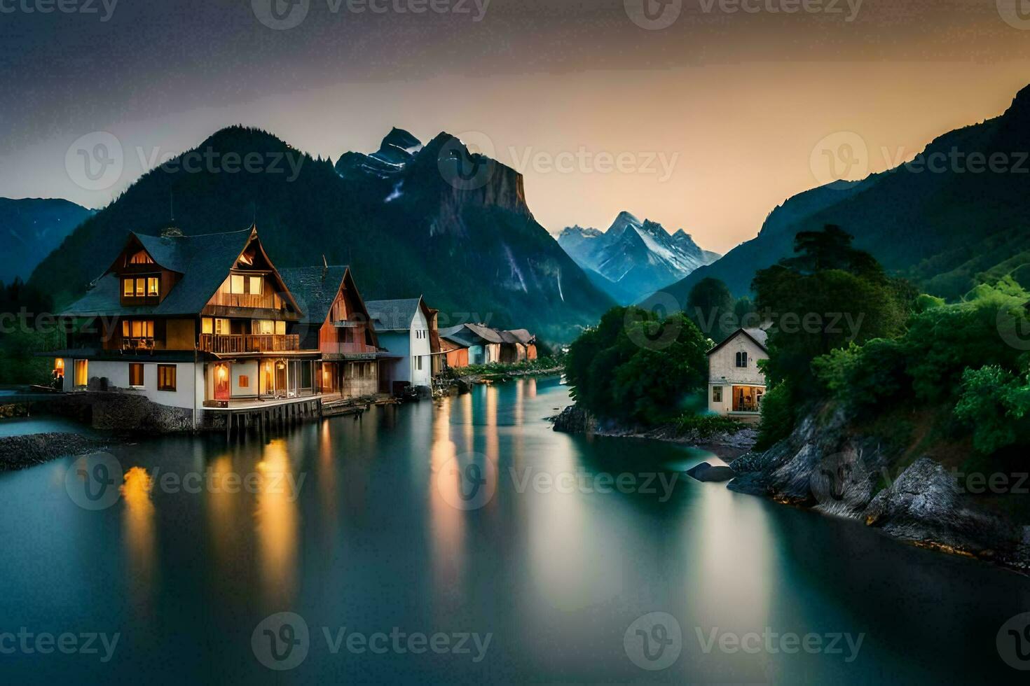 photo wallpaper the sky, mountains, water, house, mountains, river, house, mountains,. AI-Generated