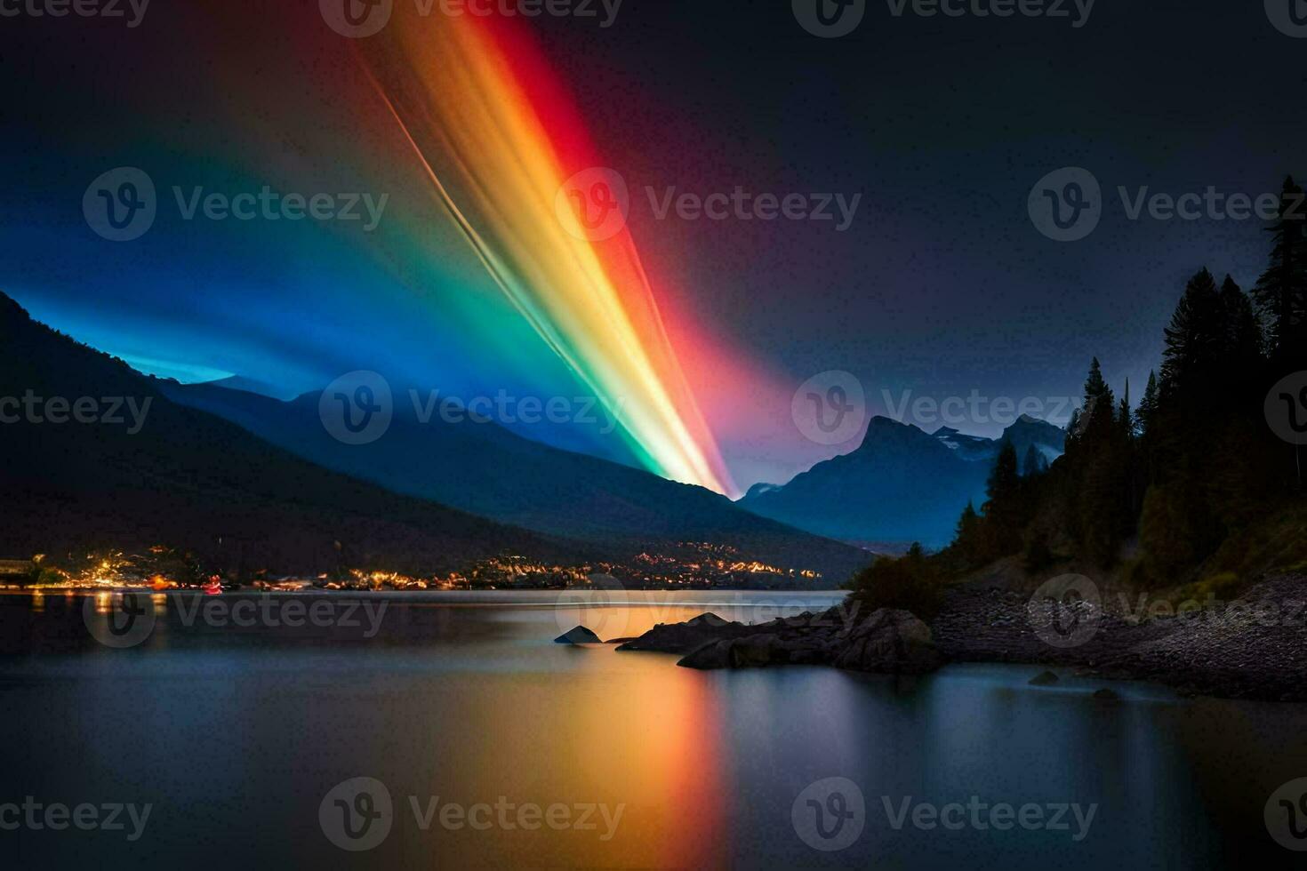 a rainbow is seen over a lake and mountains. AI-Generated photo