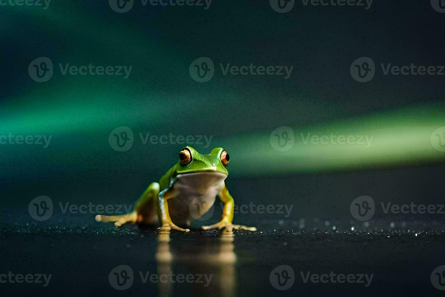 a frog is sitting on a dark surface. AI-Generated photo
