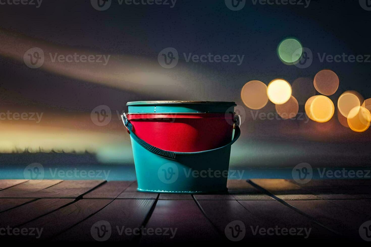 a red and green bucket sitting on a wooden table. AI-Generated photo