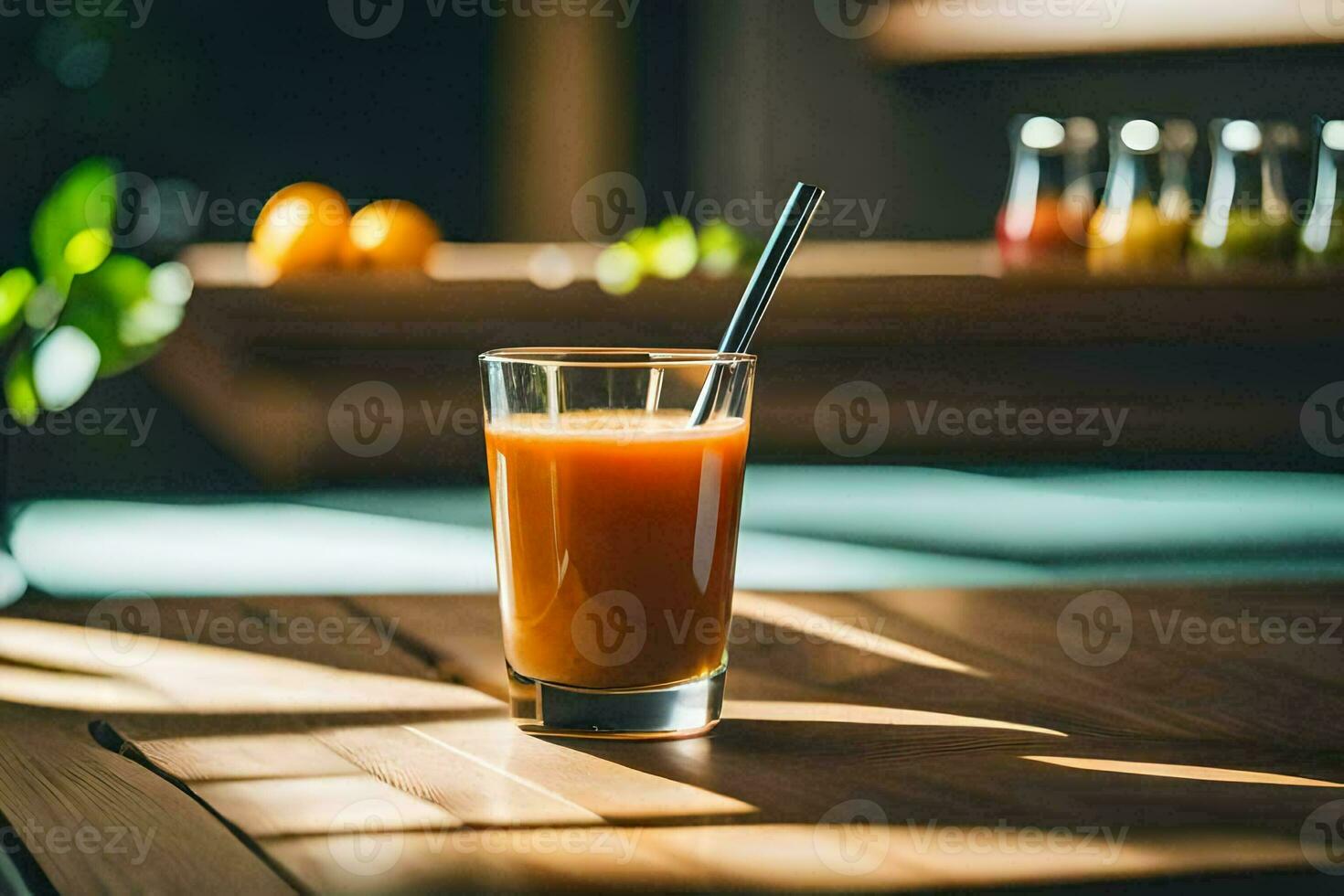 a glass of orange juice on a wooden table. AI-Generated photo