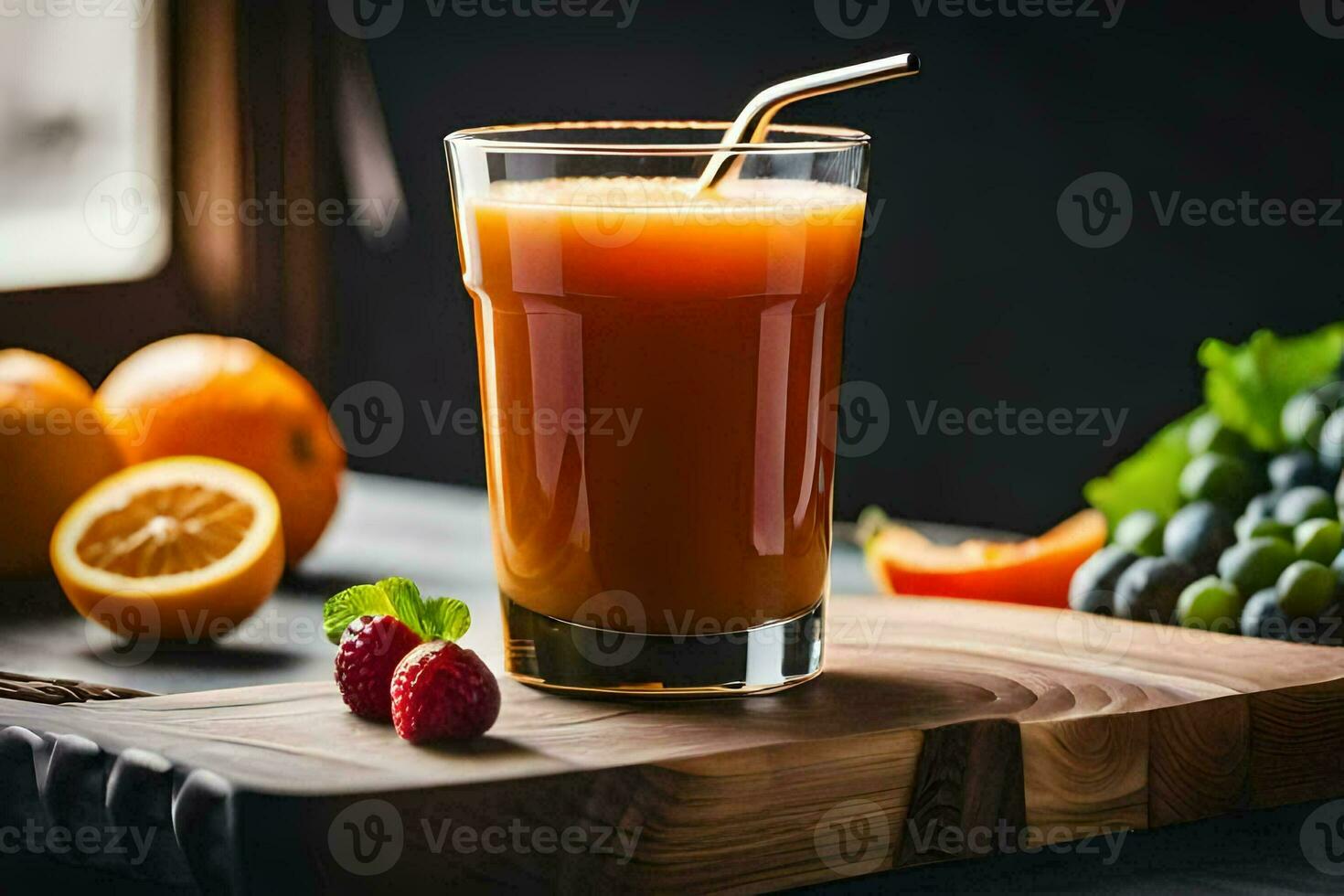 a glass of orange juice with a straw on a cutting board. AI-Generated photo