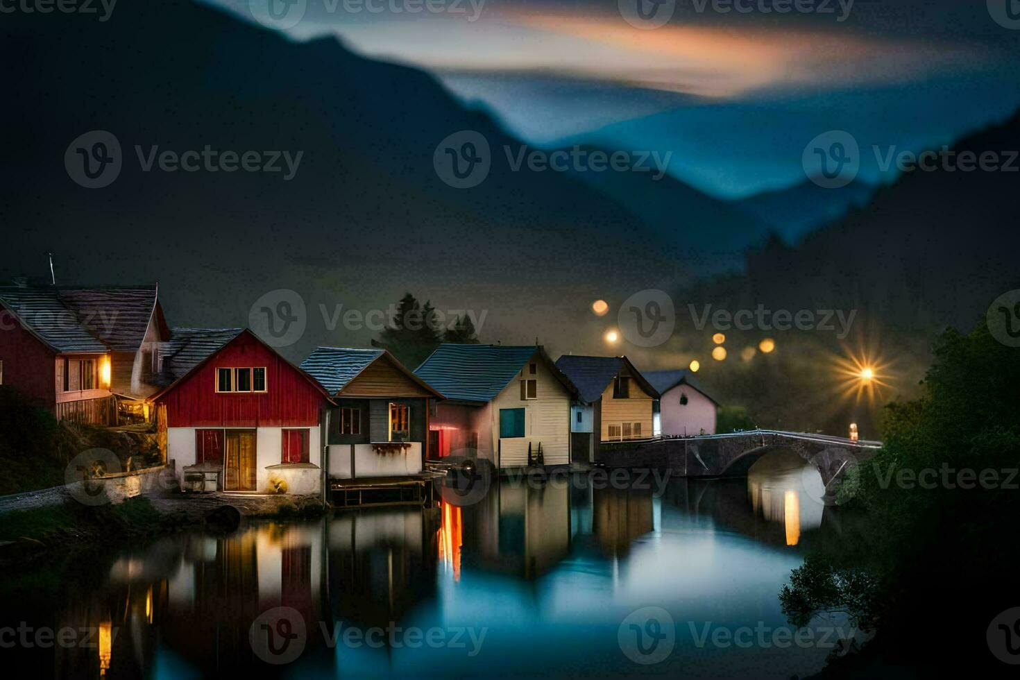 photo wallpaper the sky, water, mountains, houses, the village, the bridge, the bridge. AI-Generated