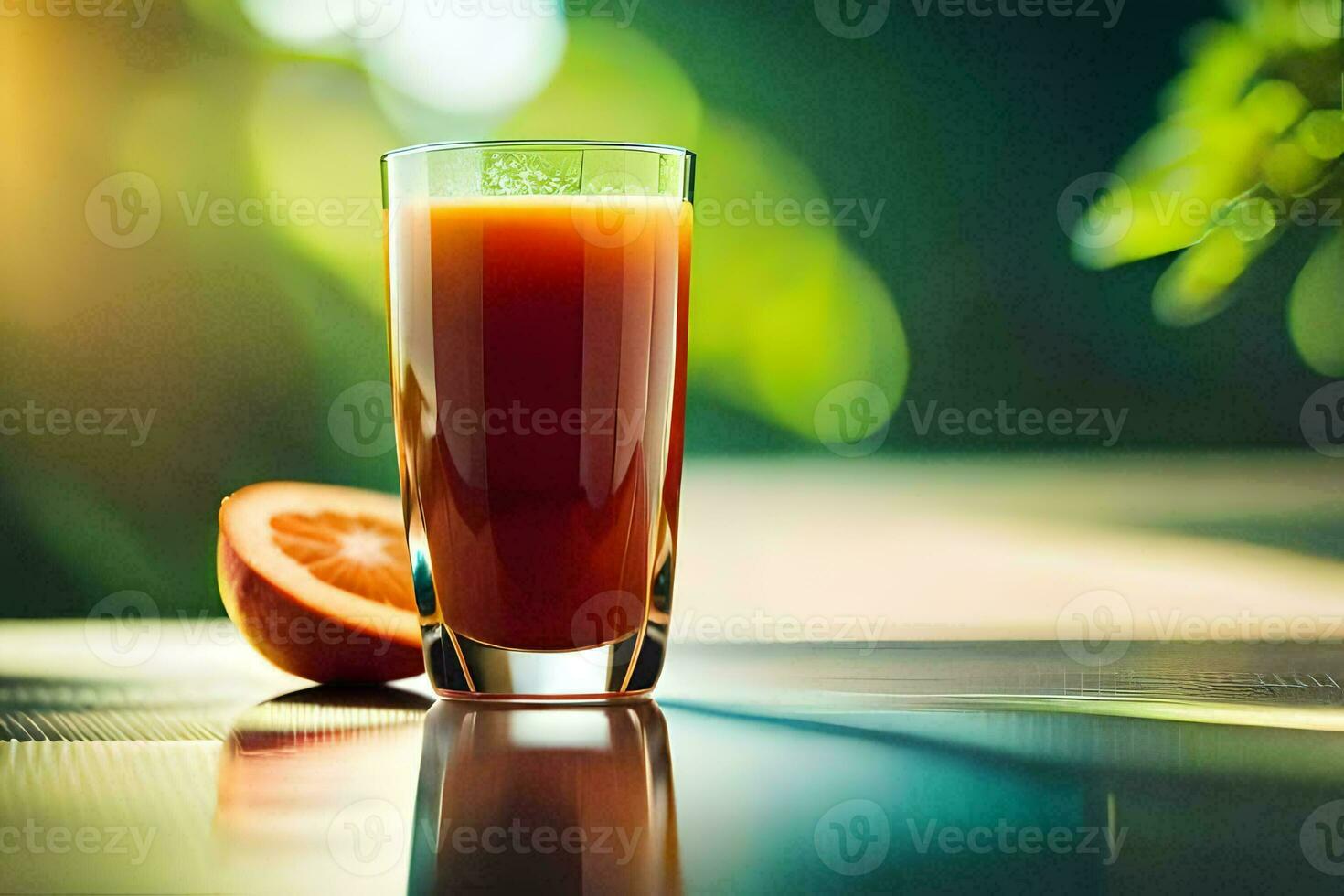 a glass of orange juice on a table. AI-Generated photo