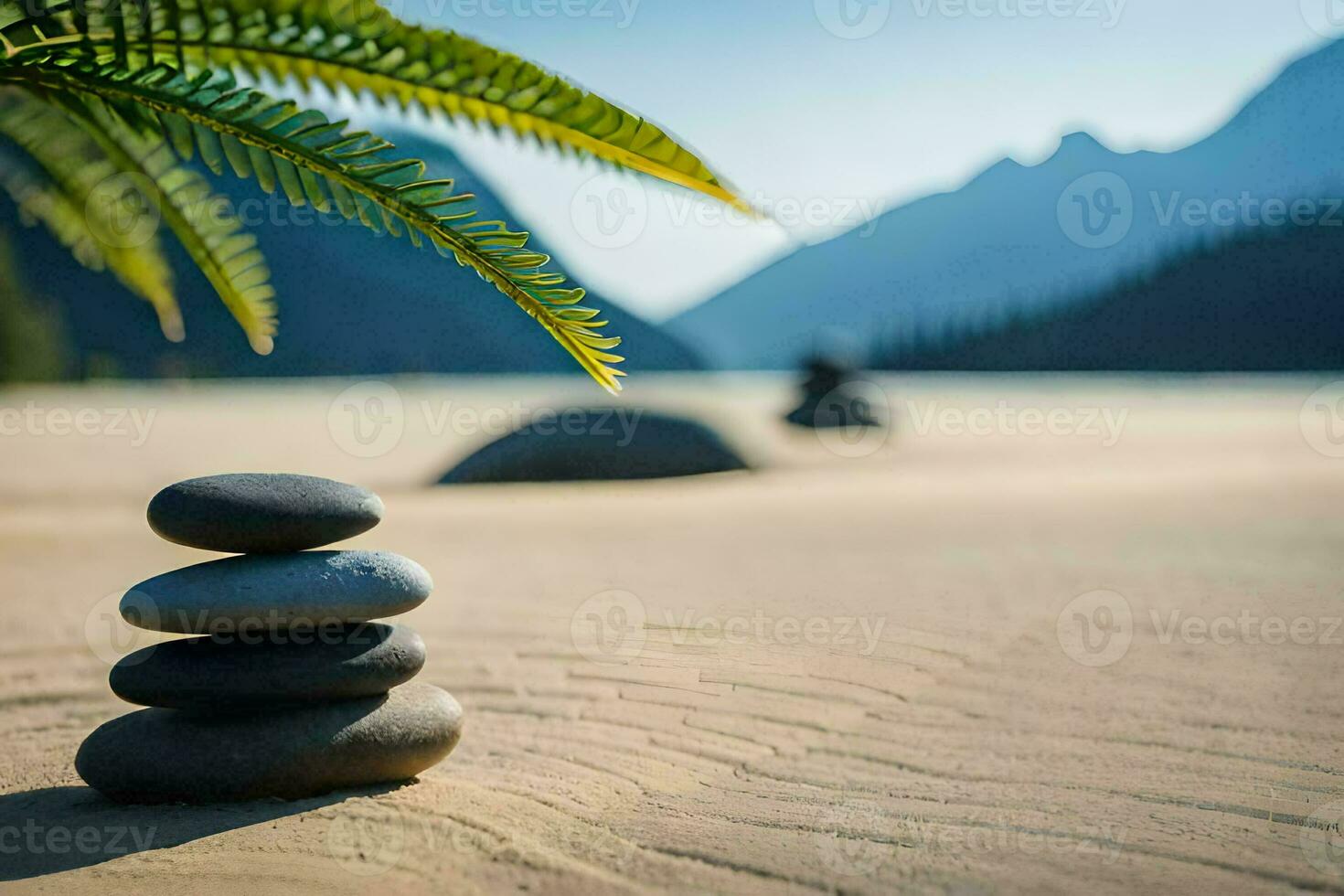 zen stones stacked on the beach with a palm tree in the background. AI-Generated photo