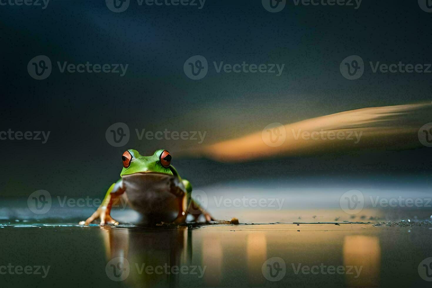 a frog sitting on the edge of the water at night. AI-Generated photo