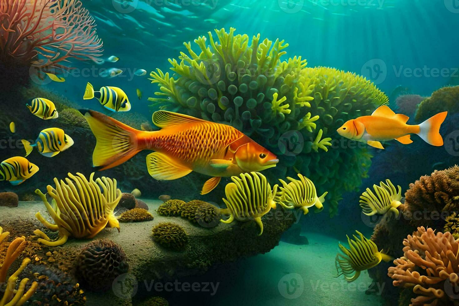 fish swimming in the ocean with coral reefs. AI-Generated photo
