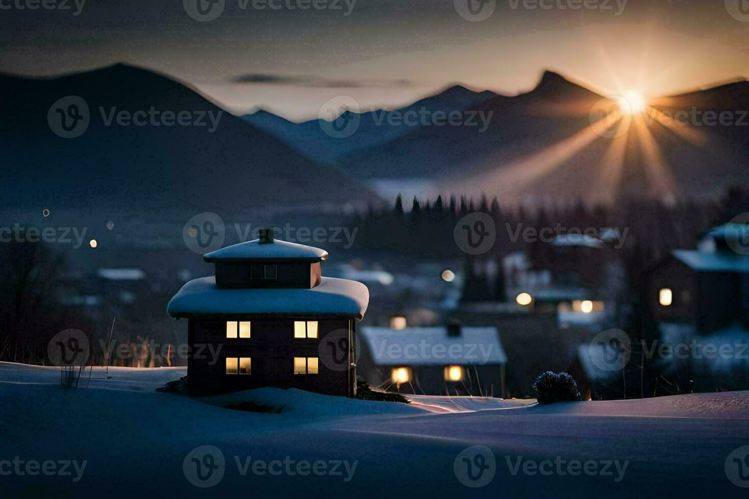 a small house in the snow with the sun setting behind it. AI-Generated photo