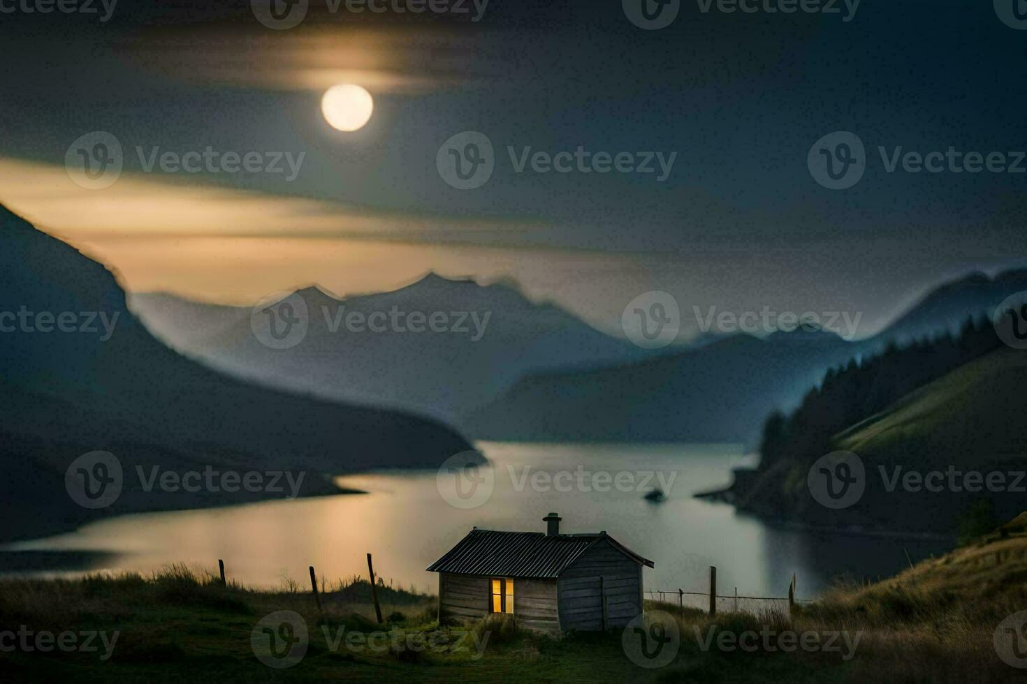 a small cabin sits on the edge of a lake with a full moon in the sky. AI-Generated photo