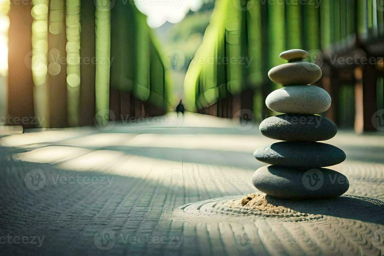a stack of rocks sitting on the ground in front of a bridge. AI-Generated photo