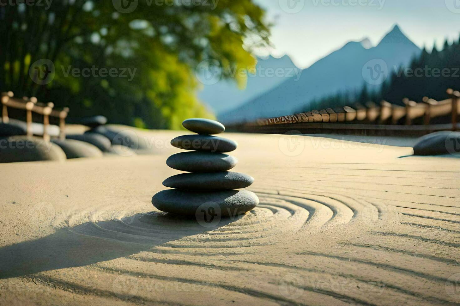 a stack of rocks in the sand with mountains in the background. AI-Generated photo