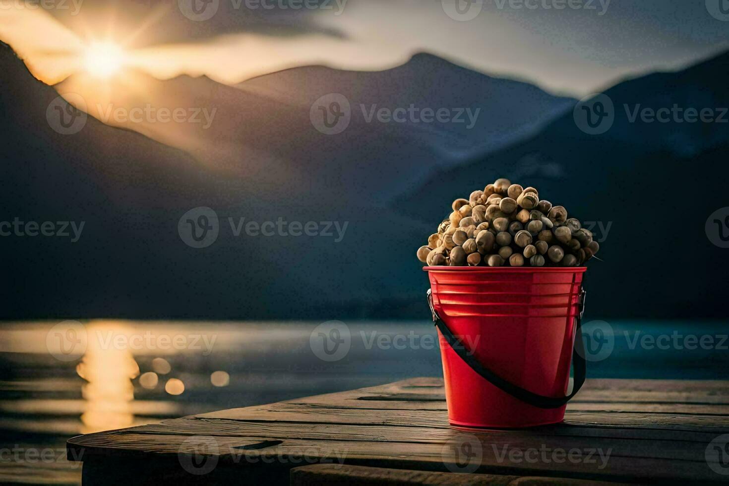 a bucket of nuts on a wooden table in front of a lake. AI-Generated photo