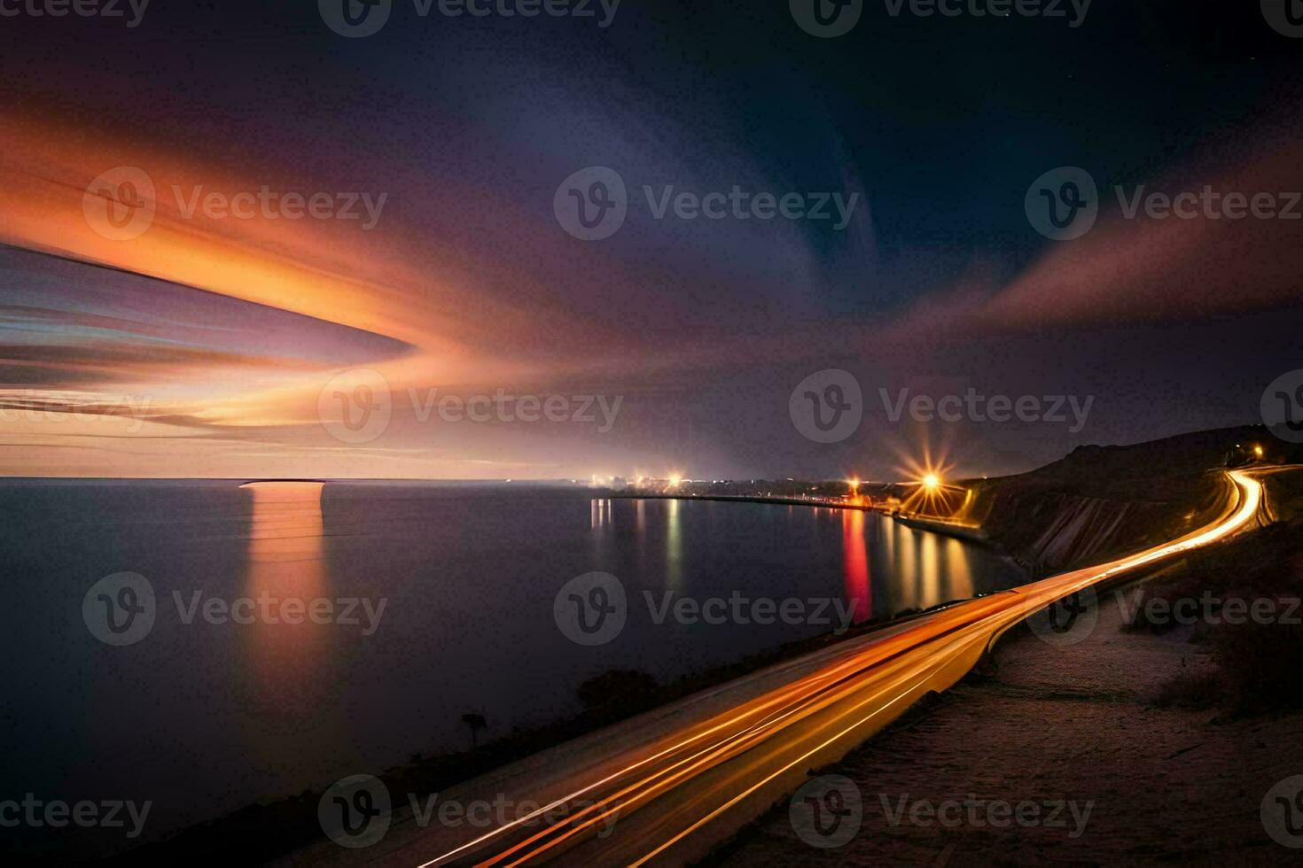 a long exposure photograph of a road and ocean at night. AI-Generated photo