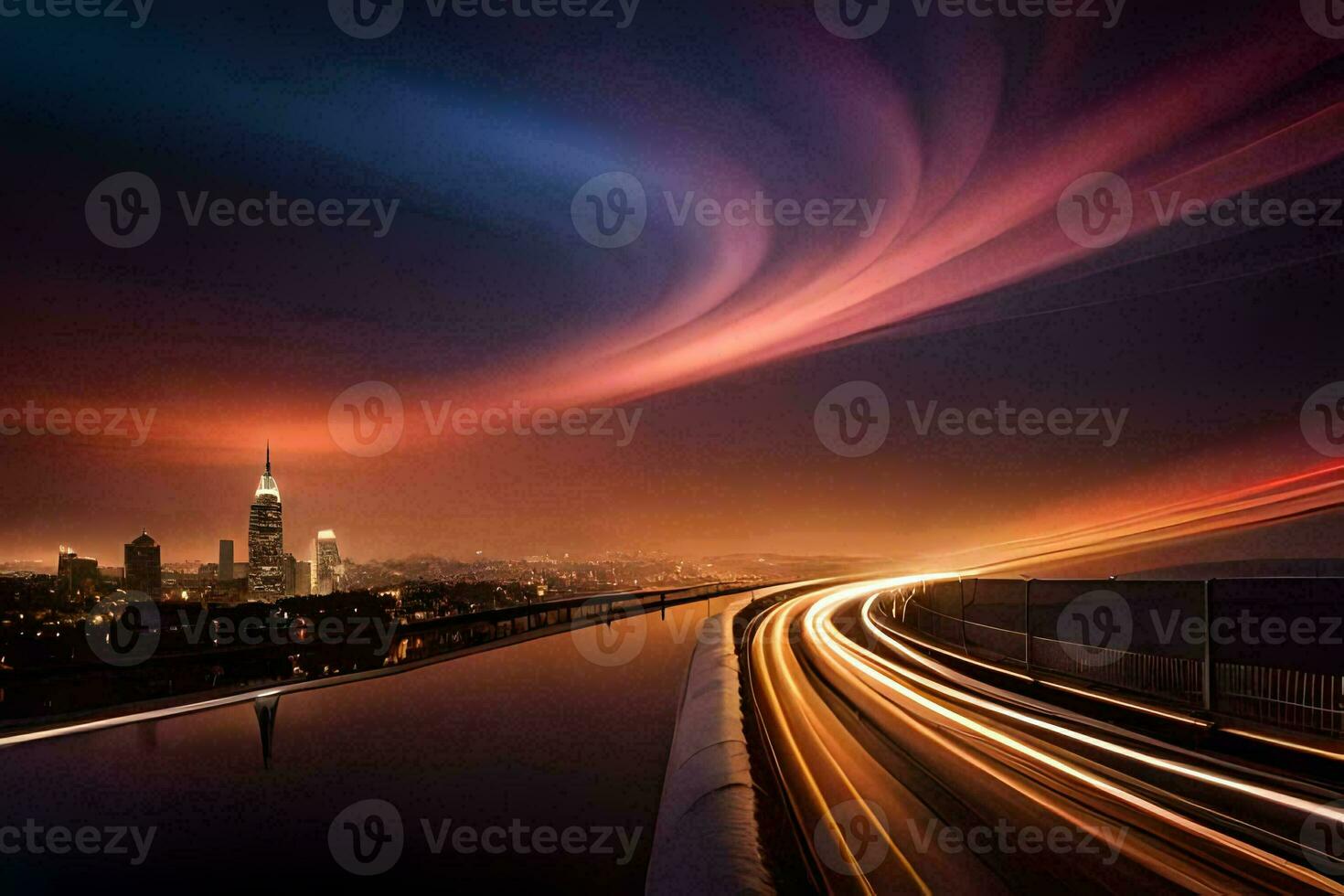 a long exposure photograph of a city skyline and light trails. AI-Generated photo