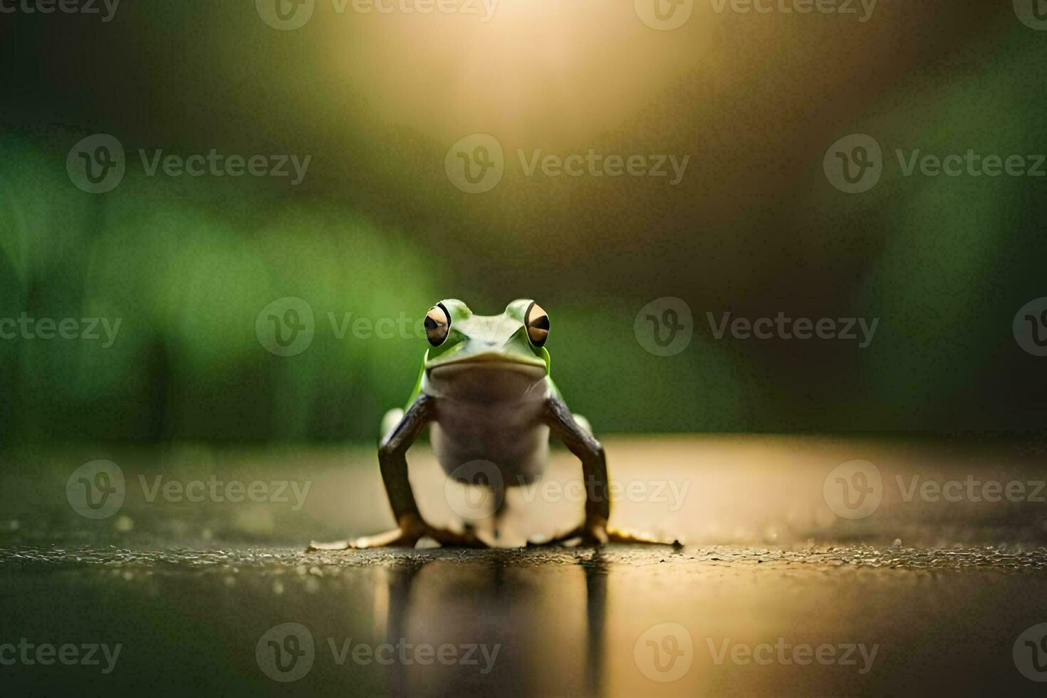 a frog standing on a dark surface with the sun in the background. AI-Generated photo