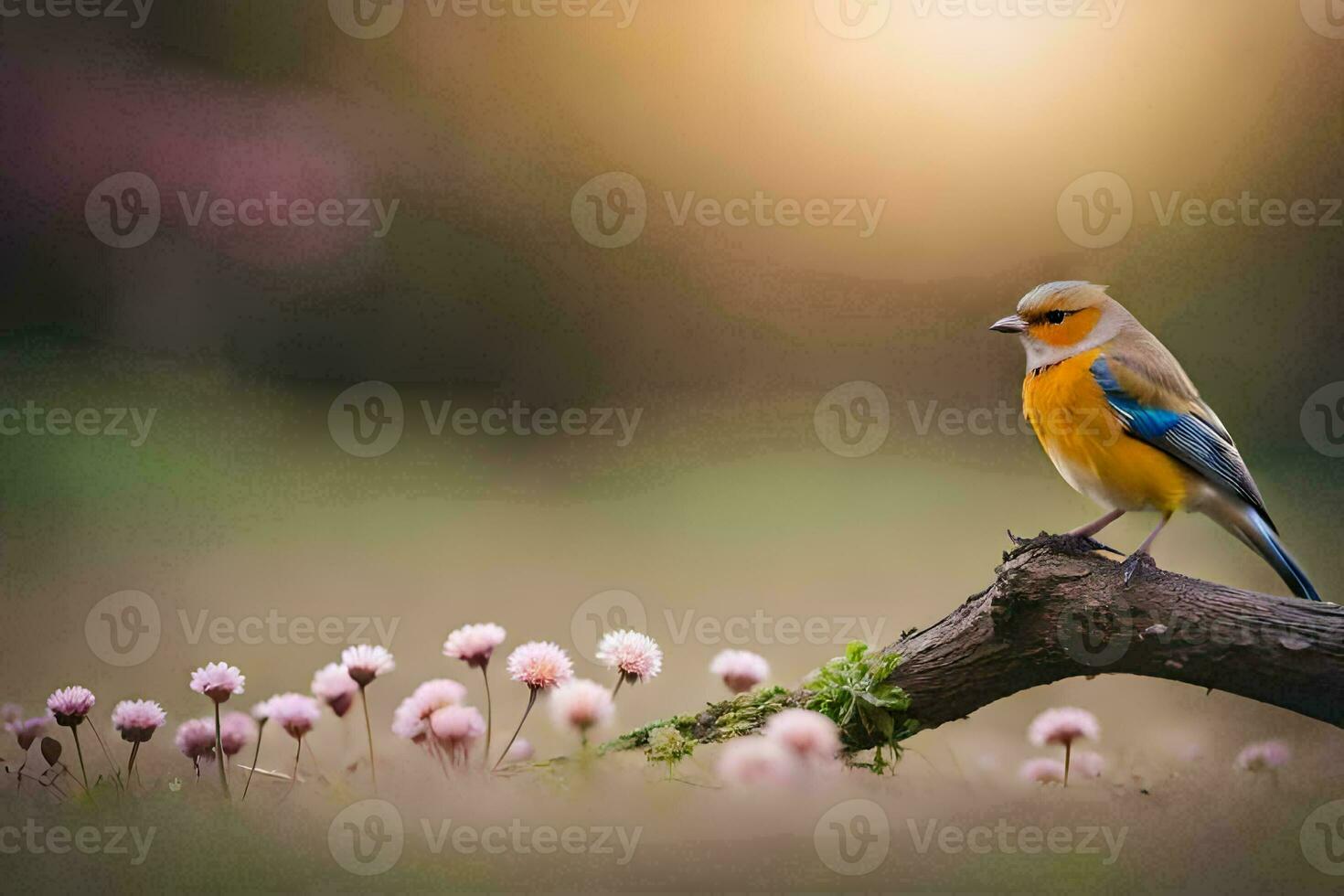 a bird sits on a branch in a field. AI-Generated photo