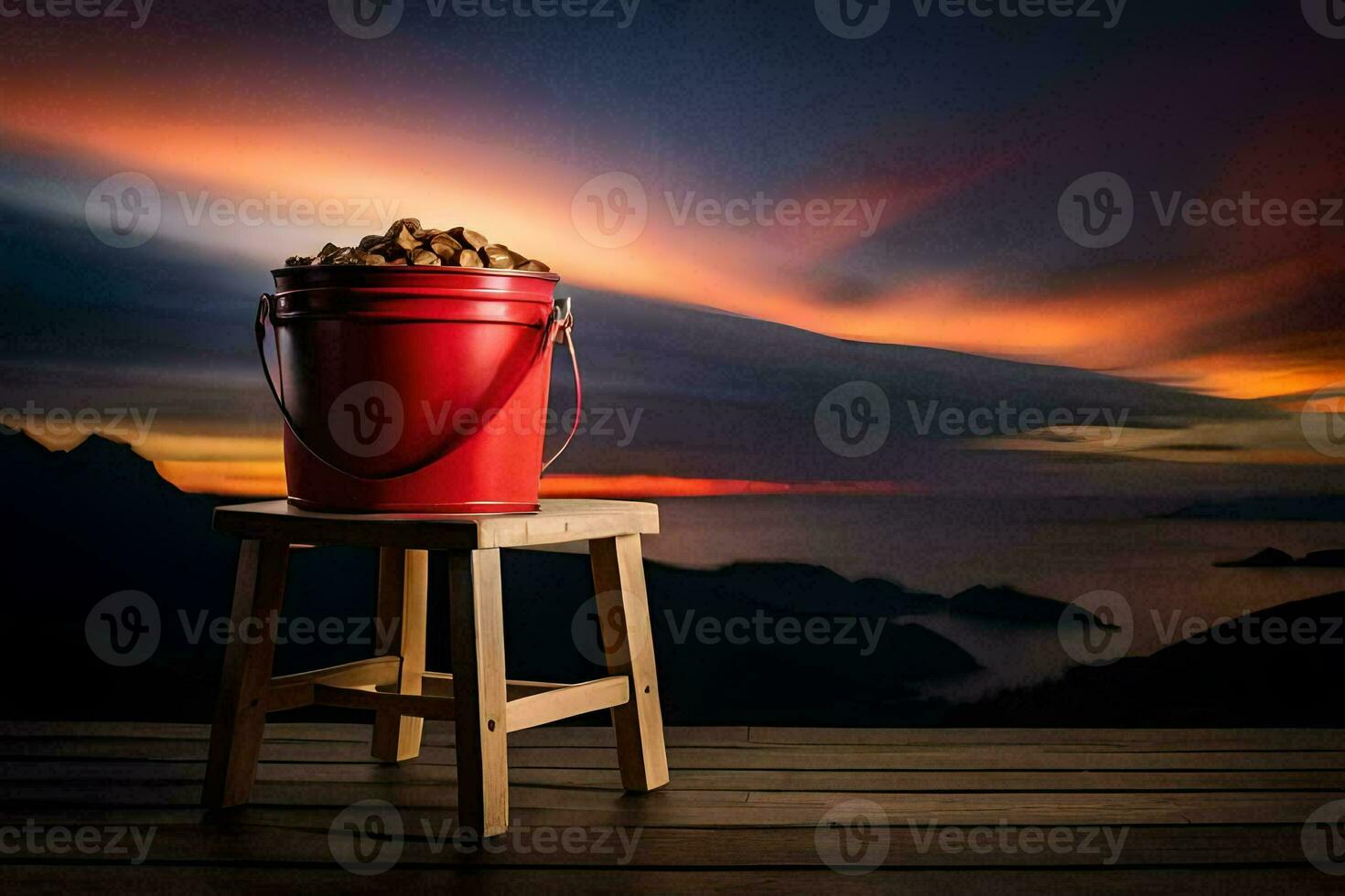 a bucket of nuts on a wooden stool in front of a sunset. AI-Generated photo