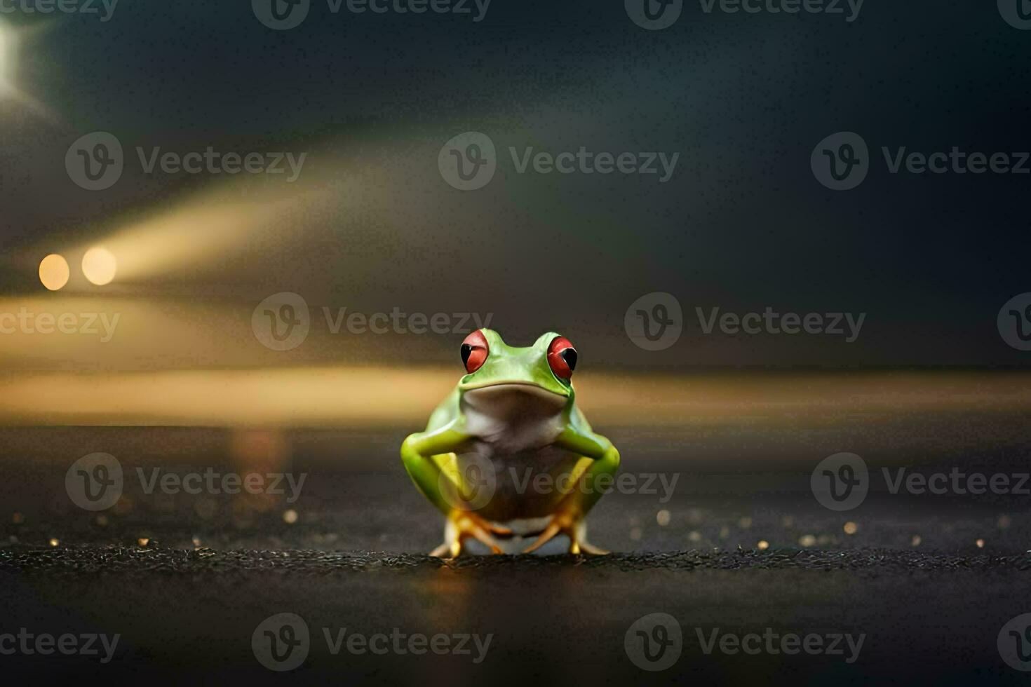 a frog sitting on the ground in front of a spotlight. AI-Generated photo