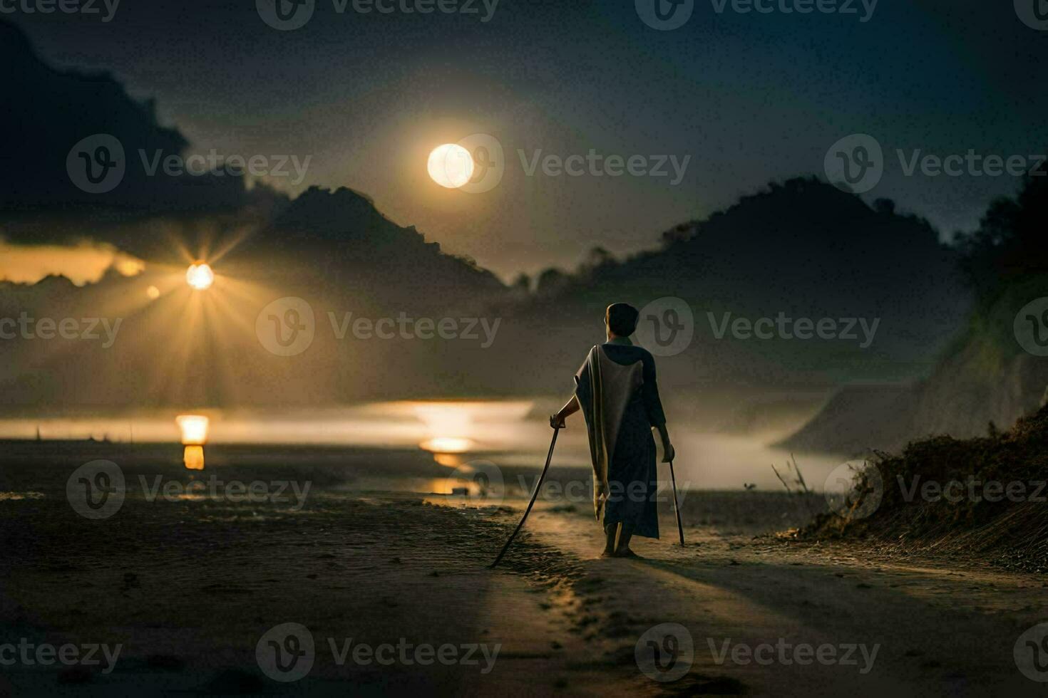 a man walking on the beach with a cane at night. AI-Generated photo