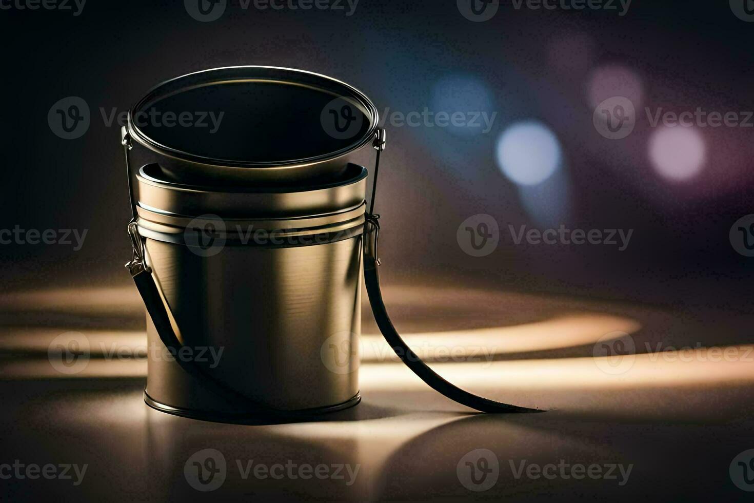 a black metal bucket with a handle on a dark background. AI-Generated photo