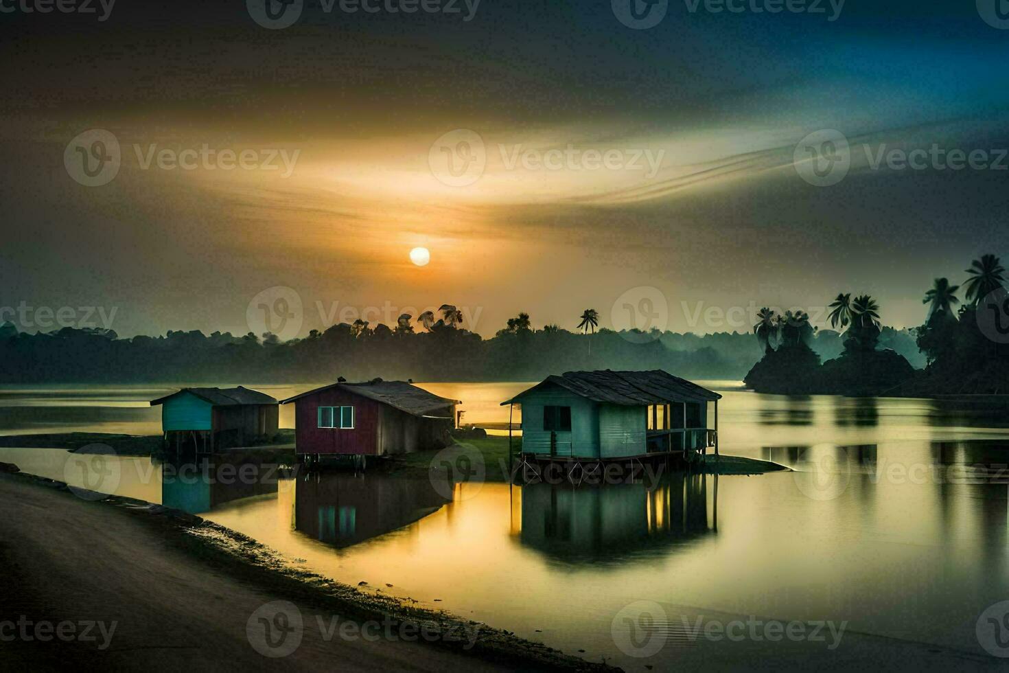 the sun sets over a lake with small houses. AI-Generated photo