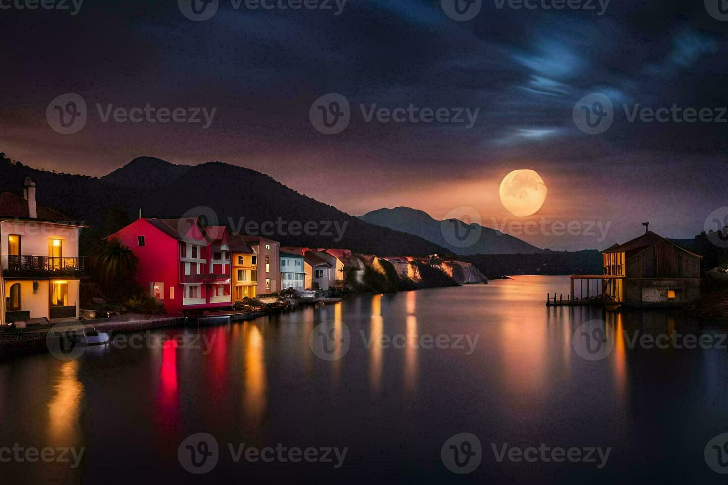 photo wallpaper the sky, moon, water, houses, lake, the moon, the sky,. AI-Generated