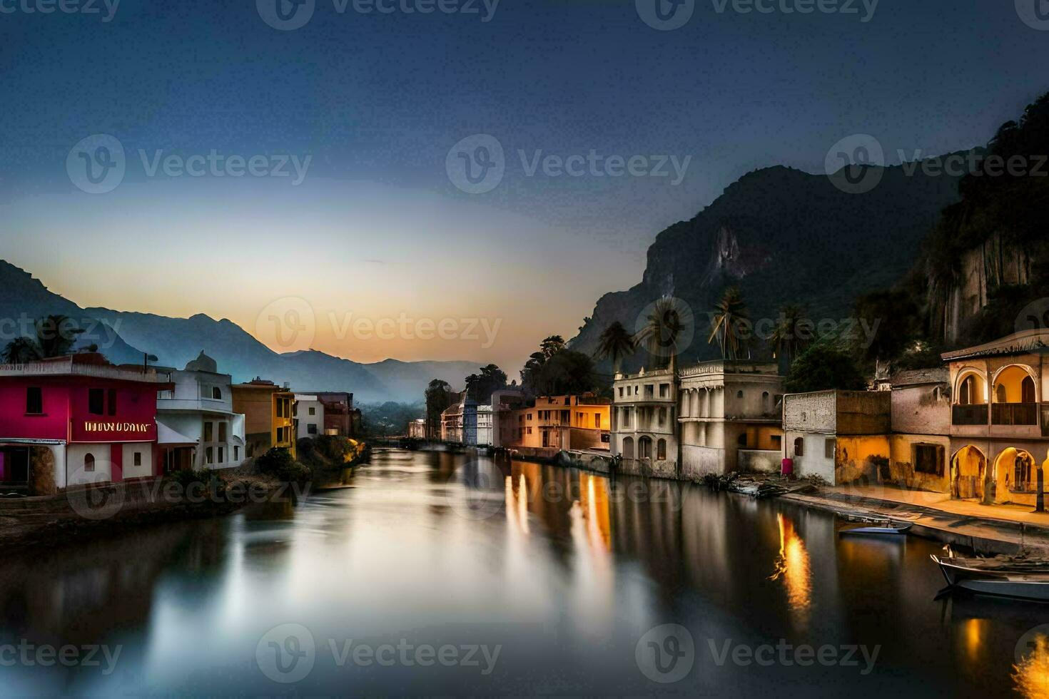 un río en India a oscuridad con vistoso casas generado por ai foto